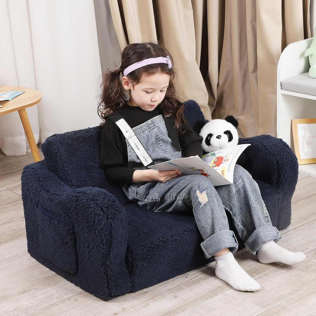 Kids Extra Wide Chairs for Toddler, 2-in-1 Toddler Soft Sherpa Couch Fold Out, Convertible Sofa to