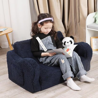 Kids Extra Wide Chairs for Toddler, 2-in-1 Toddler Soft Sherpa Couch Fold Out, Convertible Sofa to