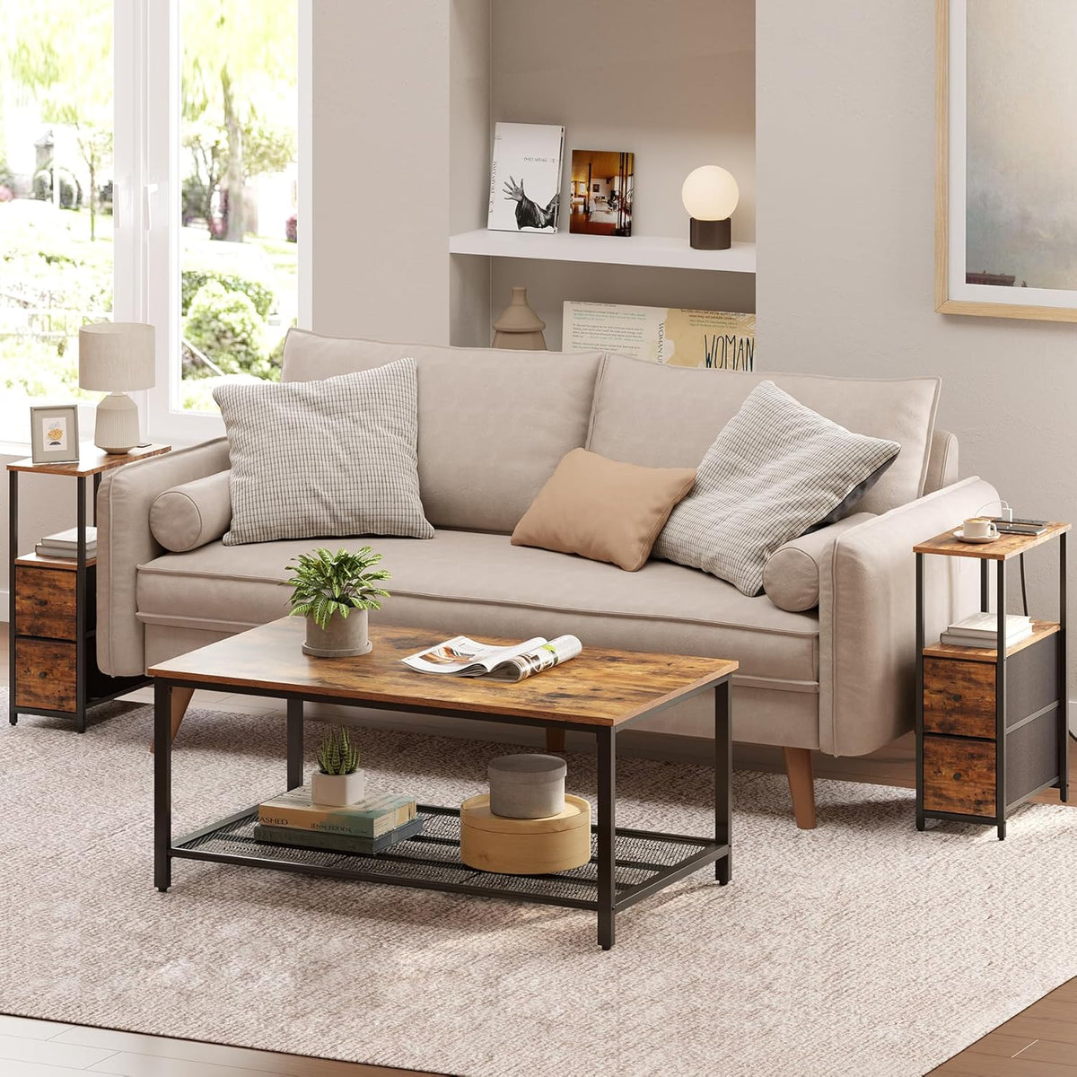 TUTOTAK Small Narrow End Table with Charging Station, Side Table with Outlets, Nightstand with 2