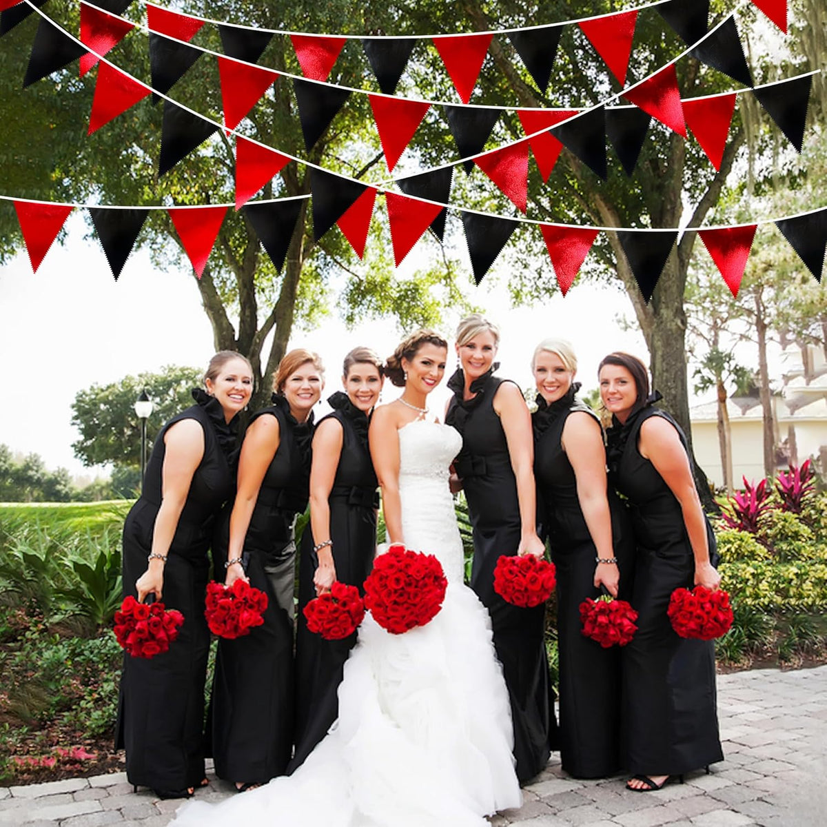 Red Black Party Decoration Metallic Fabric Triangle Pennant Banner Flag Bunting Garland for