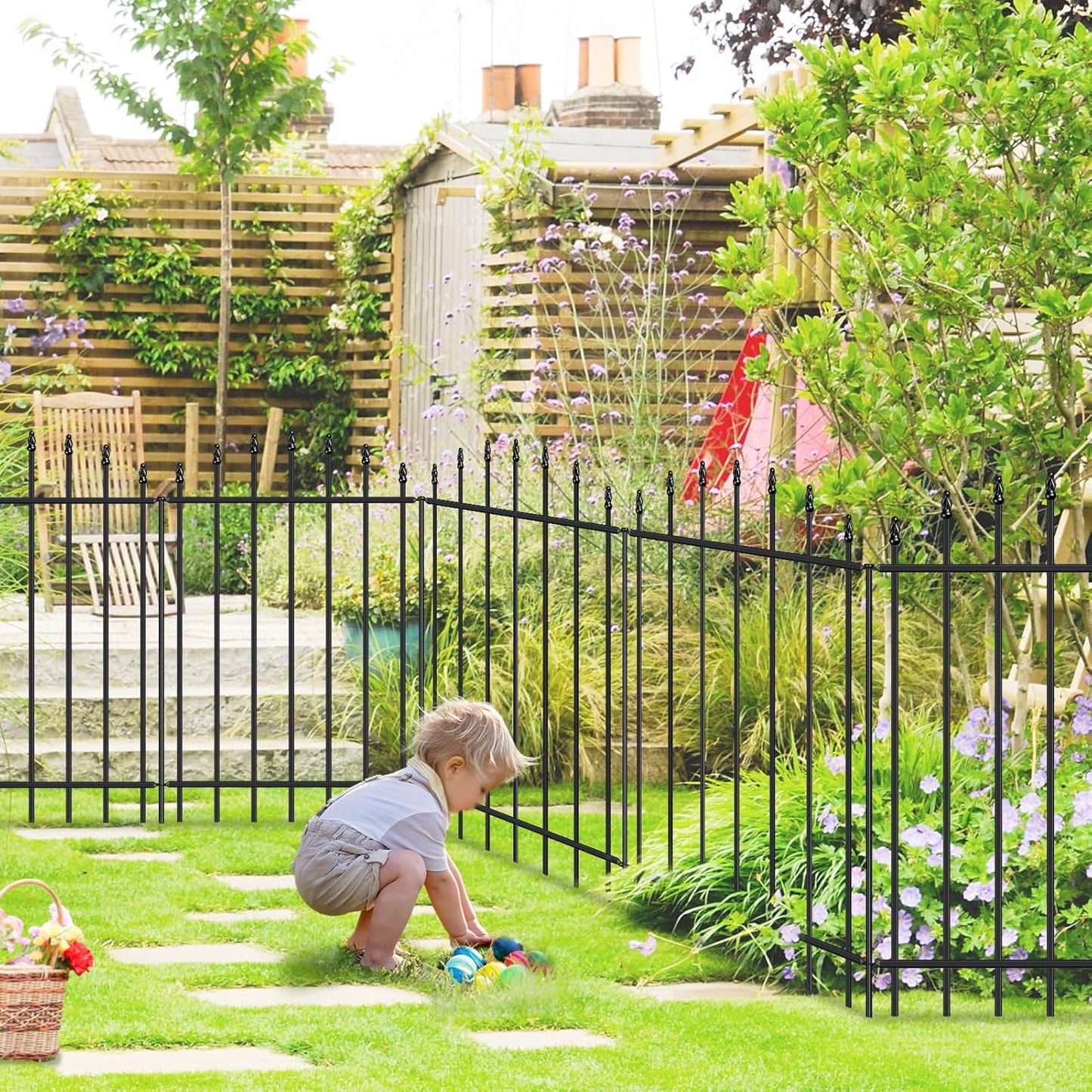 Metal Garden Fence 36 in H x 12 ft L, 6 Panels + 7 Stakes Border Dog Fence Panels Animal Barrier