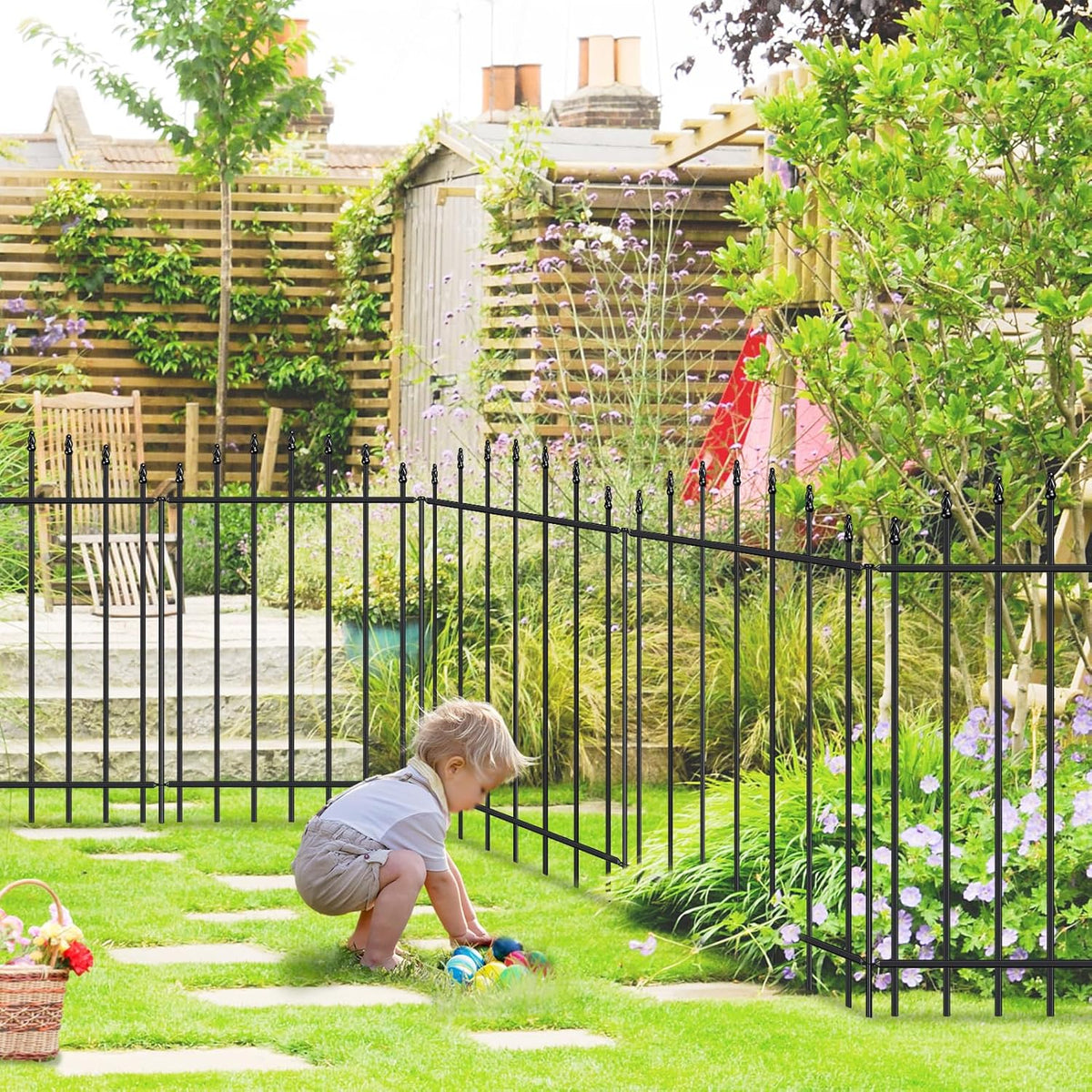Metal Garden Fence 36 in H x 12 ft L, 6 Panels + 7 Stakes Border Dog Fence Panels Animal Barrier