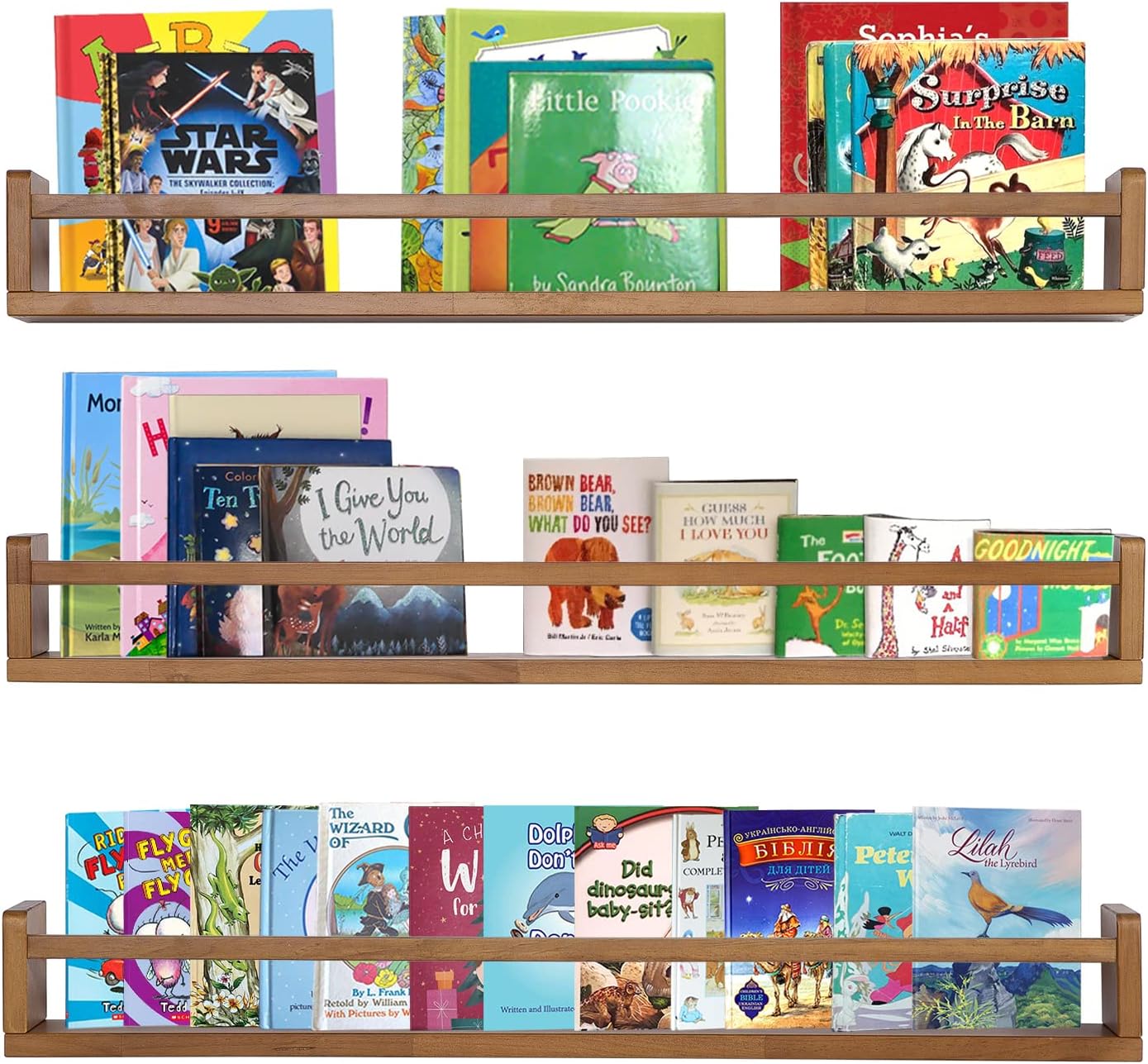 AZSKY Light Walnut Nursery Book Shelves 36 in Floating Wall Mounted Bookshelf Kids Room Hanging