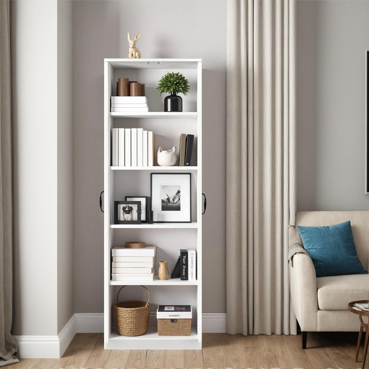 Storage Cabinet/Pantry cabinets, Soft White Finish, 71" Tall Wood Cupboard with 2 Door and 3