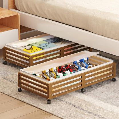Under Bed Storage Containers With Wheels - 2 Pcs Large Bamboo Wood Rolling Underbed Shoe Storage
