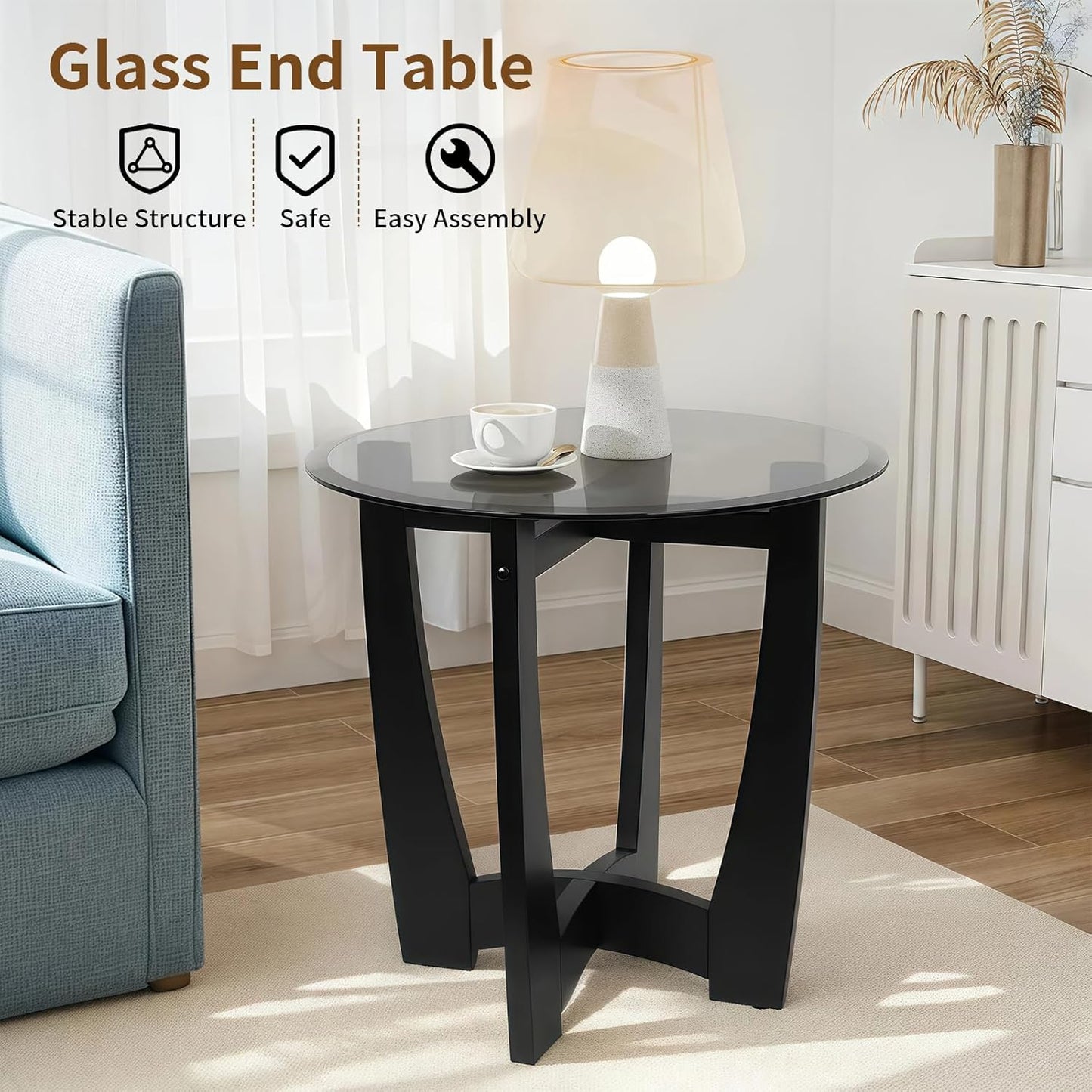 Glass End Table, 23.5" Round Side Tables with Black Tempered Glass Top Cross and Solid Wood Base