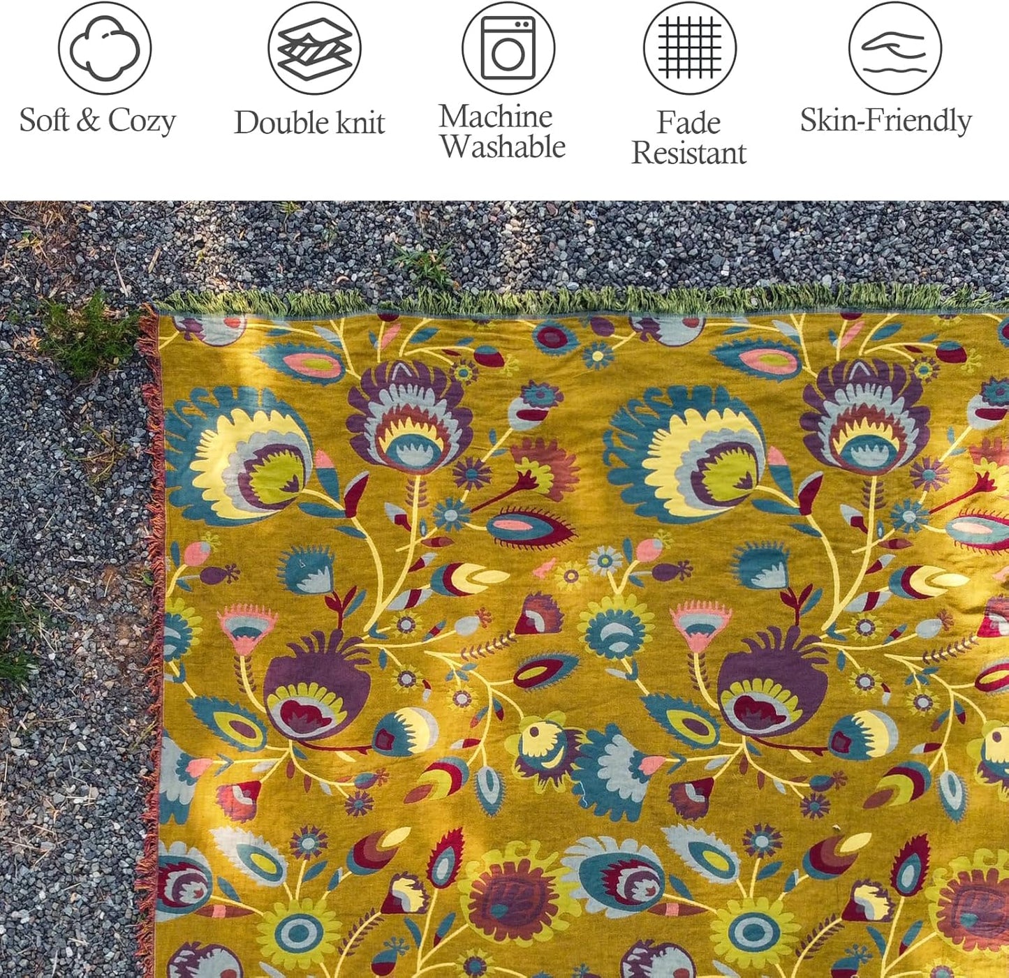 Snycler Boho Throw Blanket for Bed, 100% Organic Cotton Muslin Soft Throw-Yellow Boho Floral