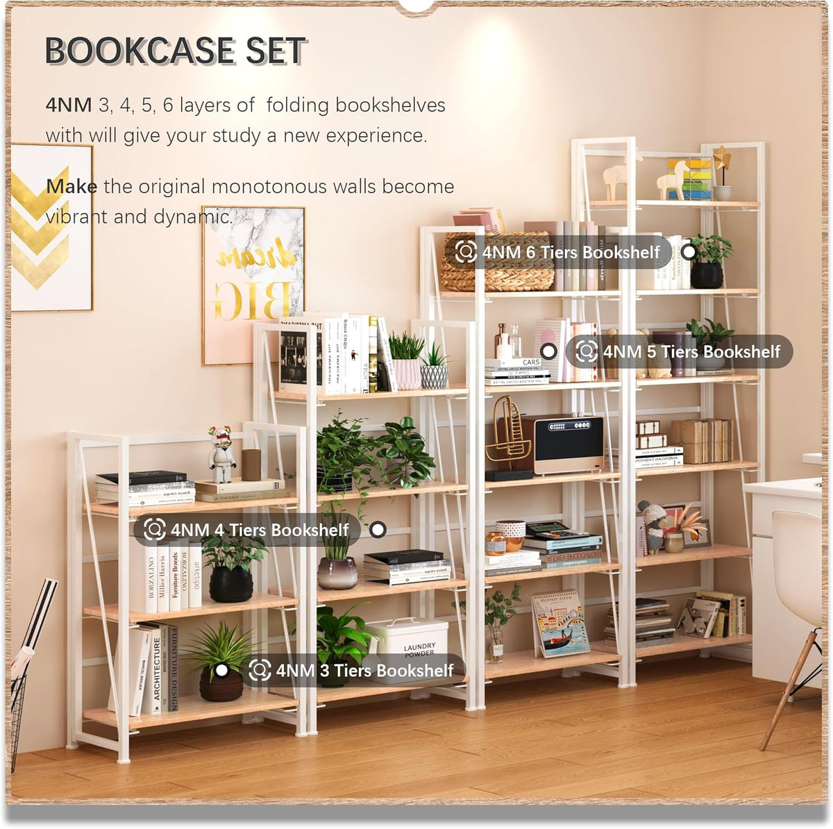 4NM No Assembly Foldable Bookshelf, 6-Shelf Collapsible Bookcase Storage for Small Spaces, 74" H