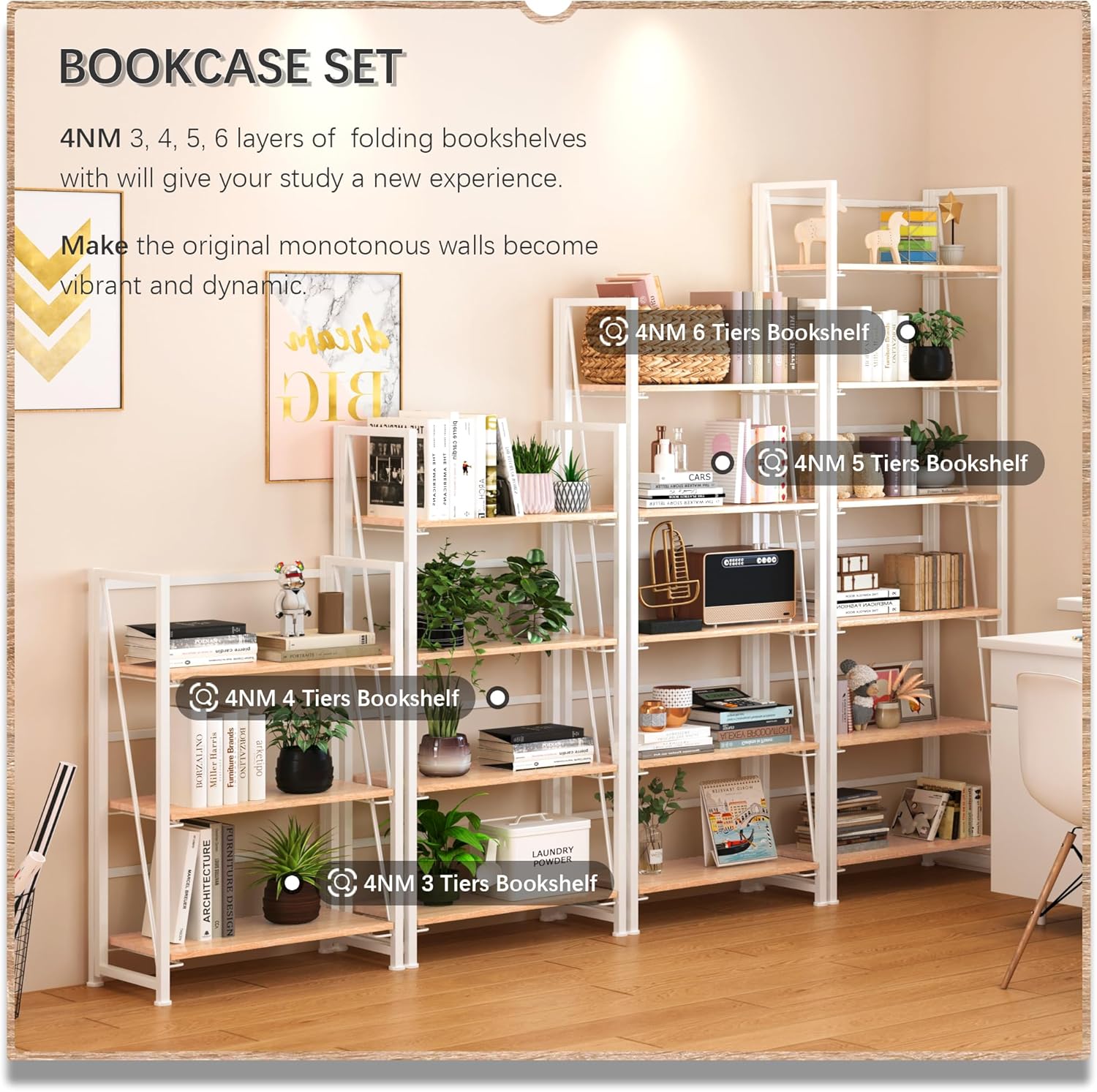 4NM No Assembly Foldable Bookshelf, 6-Shelf Collapsible Bookcase Storage for Small Spaces, 74" H