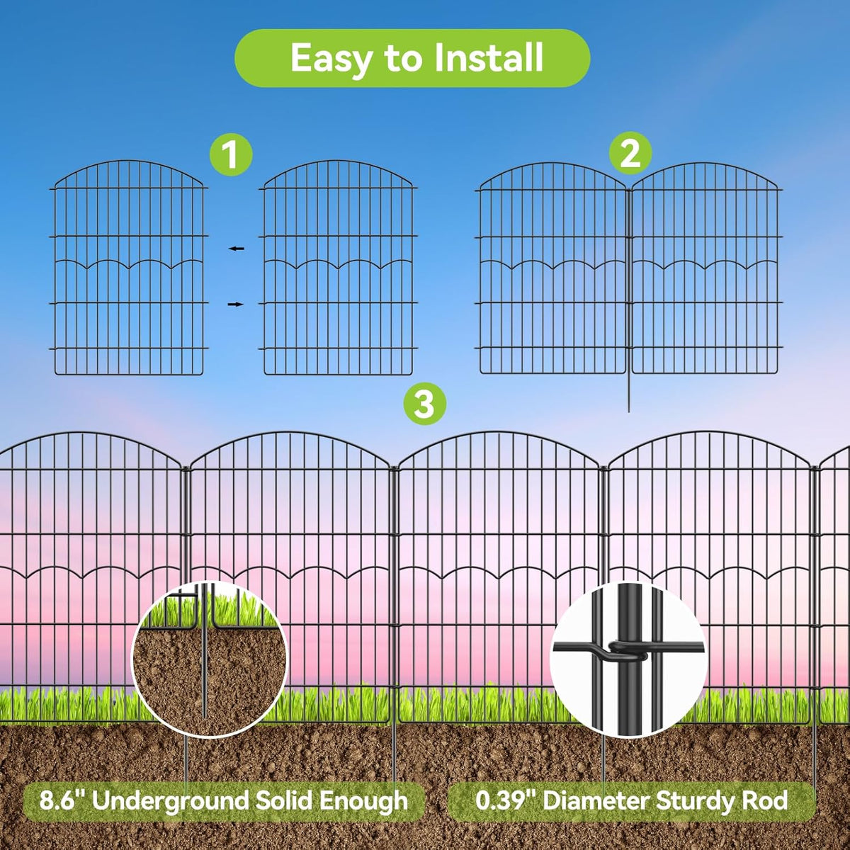 Decorative Garden Fence 6 Panels 14.8 ft (L)×38in (H) Metal Garden Fences, No Dig Animal Barrier