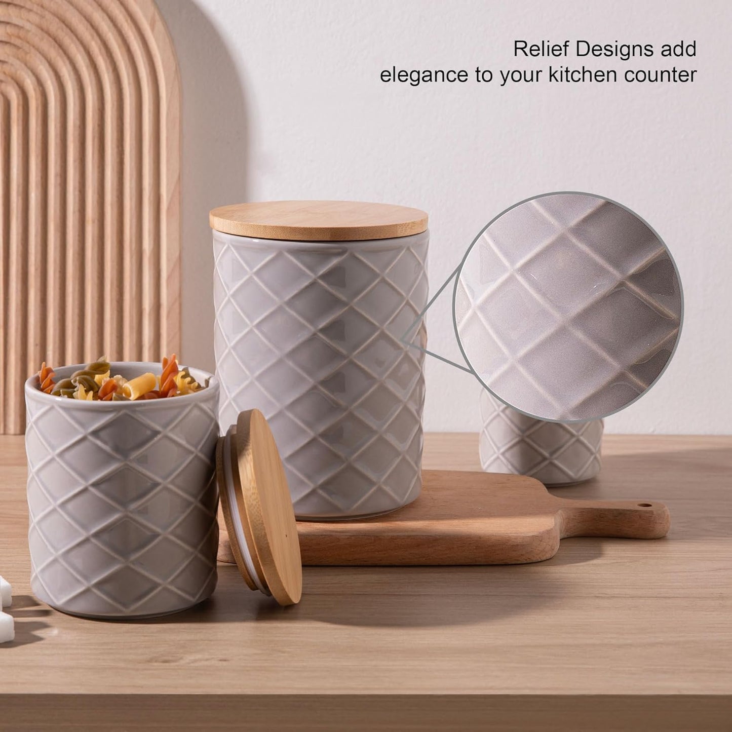 Sweejar Ceramic Canisters Sets for Kitchen Countertop, Relief Food Storage Jar with Bamboo Lid
