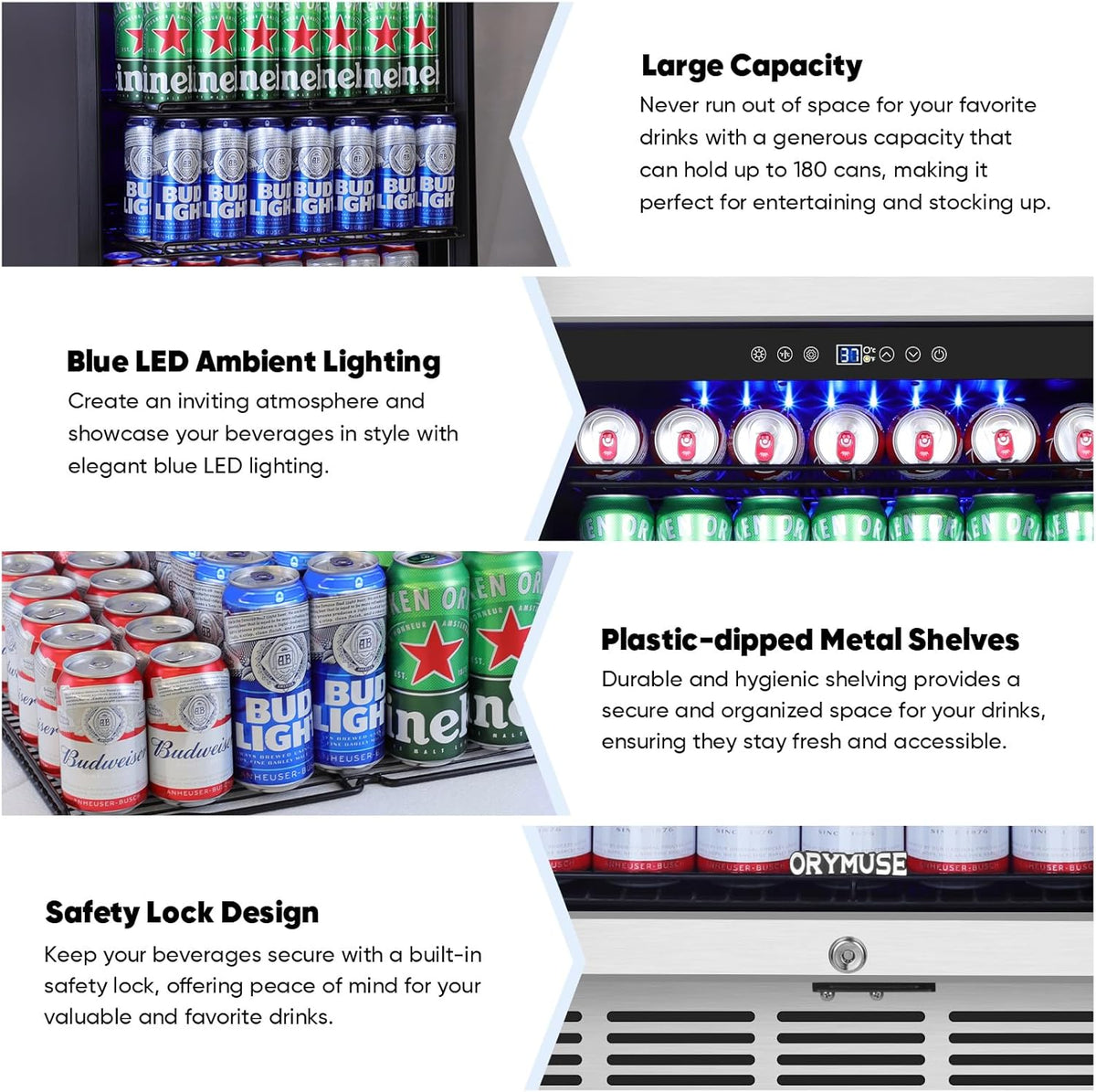 24" Beverage Refrigerator & Cooler, 180 Cans Under Counter Fridge with Lock, Glass Door & Powerful