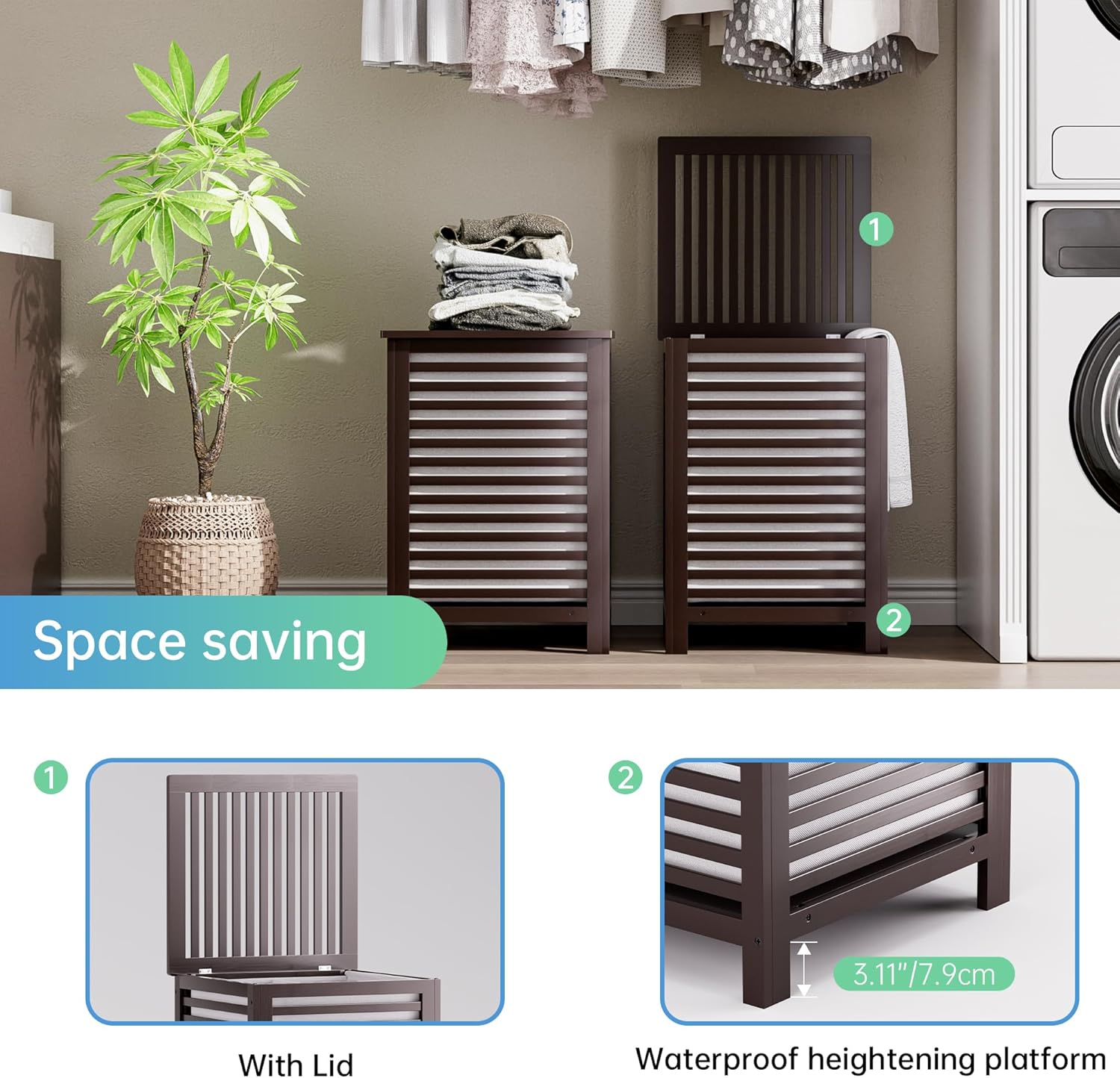 SMIBUY Double Laundry Hamper with Lid, 120L Bamboo Laundry Basket with Removable Liner Bag