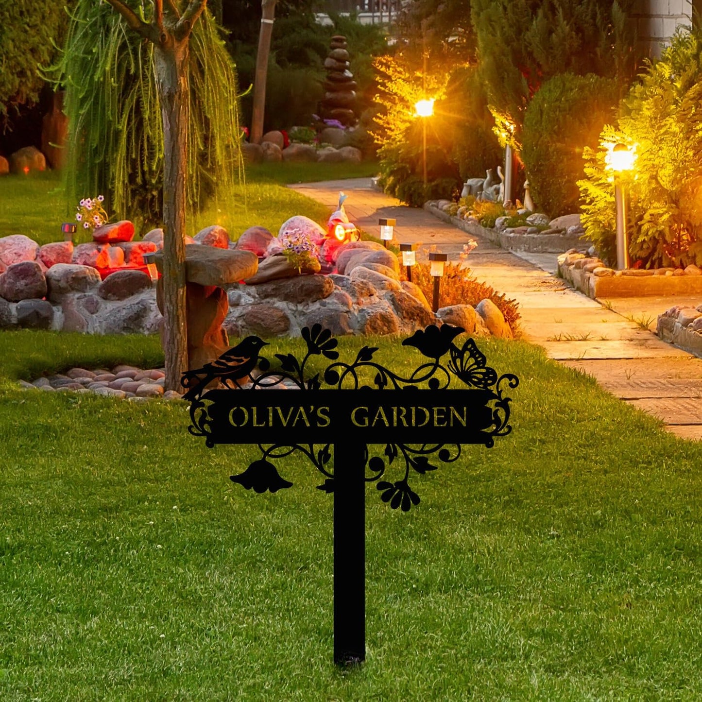 Customized Metal Birds and Flowers, Personalized Garden Sign with Stake, Gardening Decor for