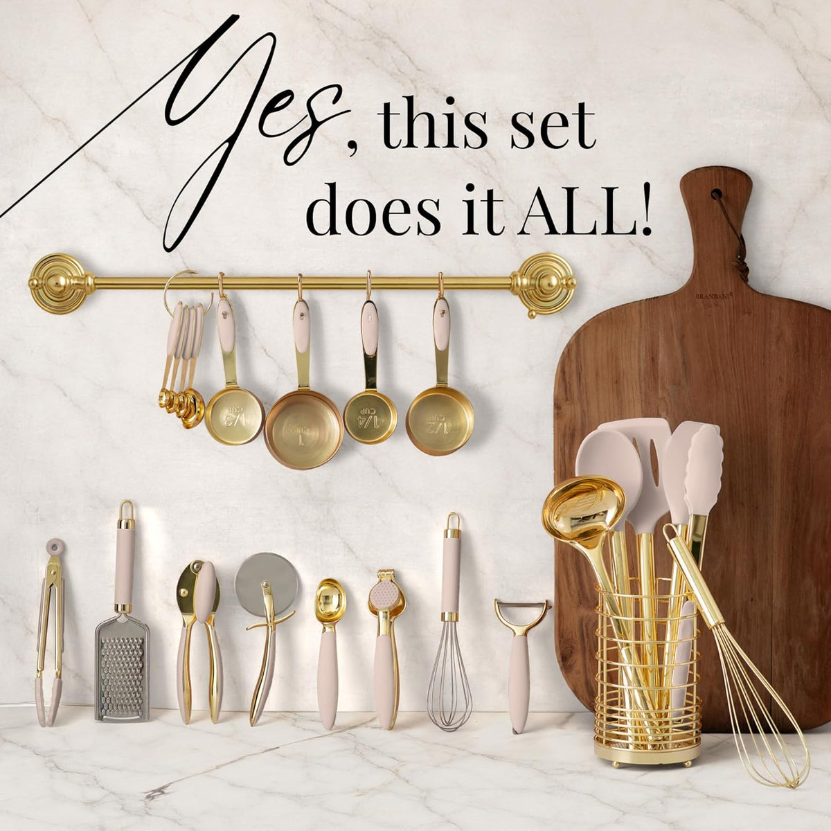 Styled Settings 23-Piece Beige and Gold Utensils Set – Silicone Nonstick Cooking Tools with Garlic