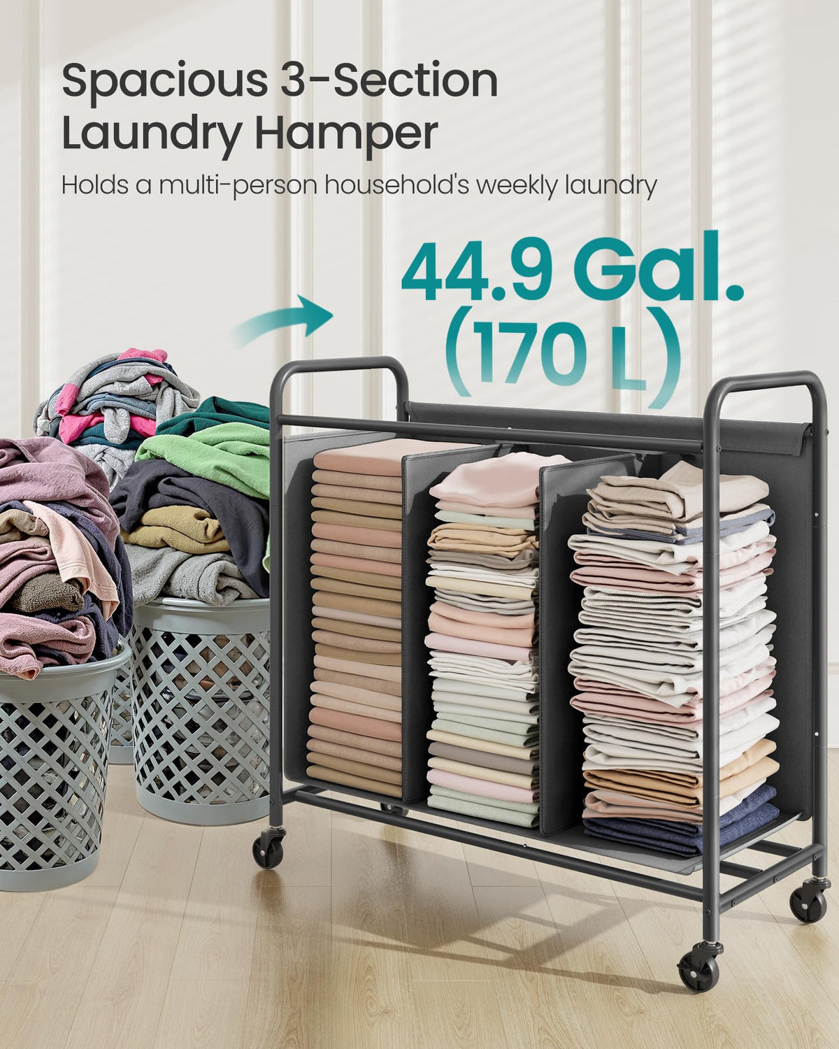 SONGMICS 3-Section Laundry Sorter, Laundry Hamper with Wheels, Rolling Clothes Hamper Cart with