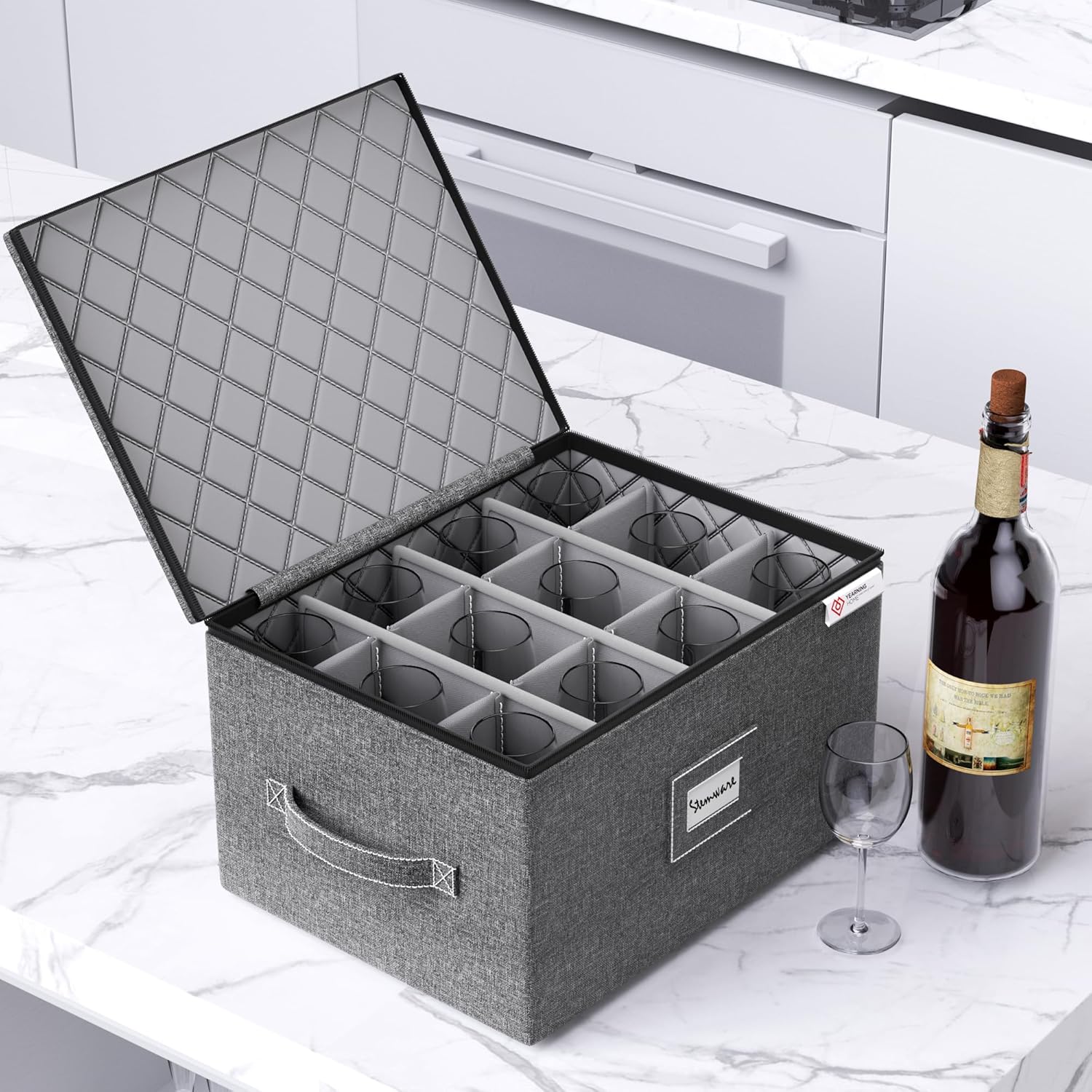 YearningHome Wine Glass Storage Box with Dividers,Hard Shell and Stackable Stemware Storage
