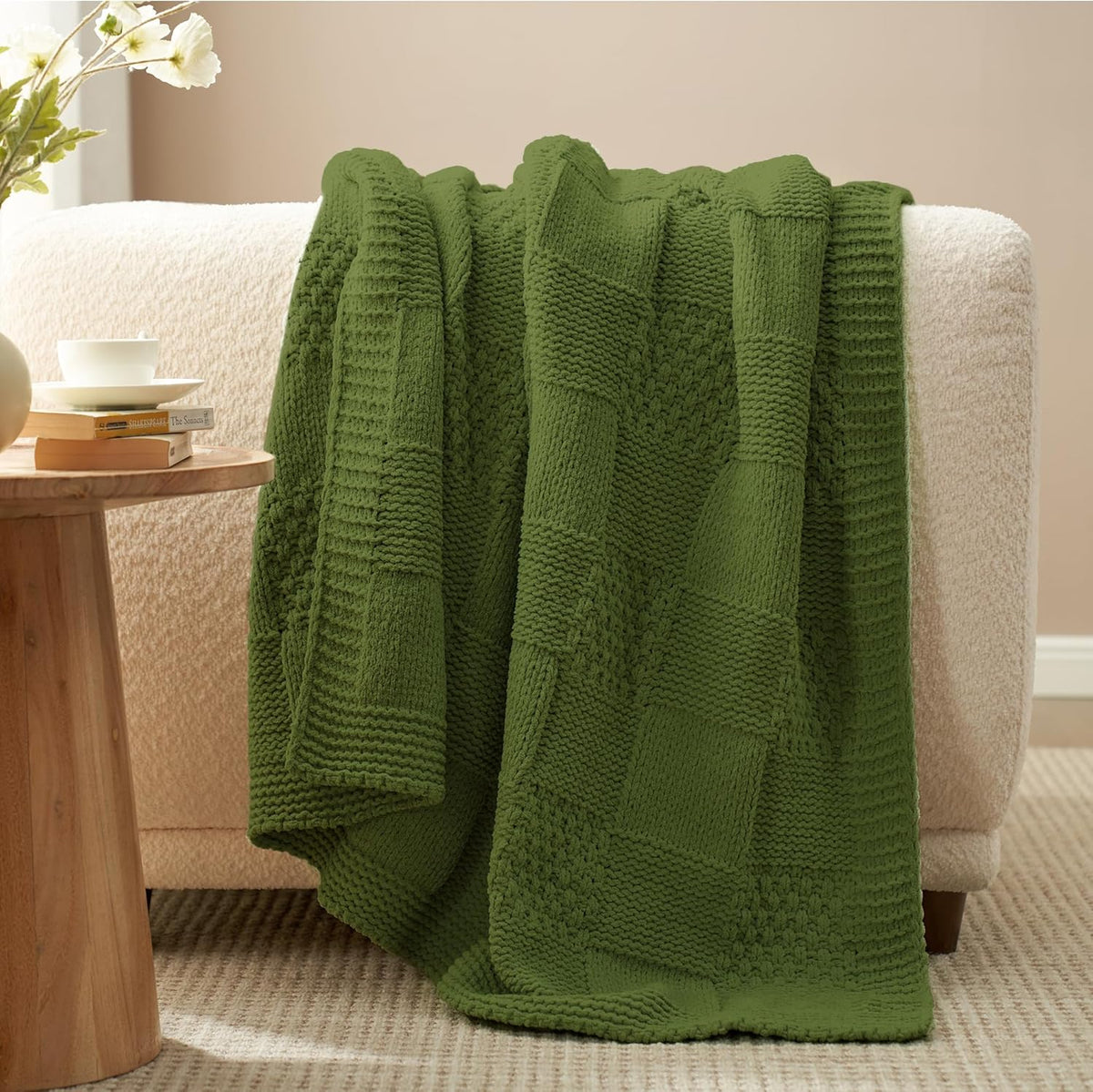 Amélie Home Chenille Knit Throw Blanket for Couch, Checkered Texture Decorative Soft Blanket for