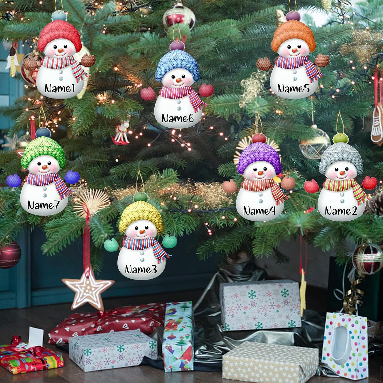 Personalized Christmas Ornaments,7pcs Custom Snowman Ornaments with Name Customized Family Ornament