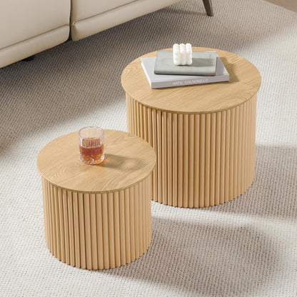 Fluted Round Nesting Coffee Table Set of 2, Small Coffee Table Circle Side Table, Boho Modern Wood