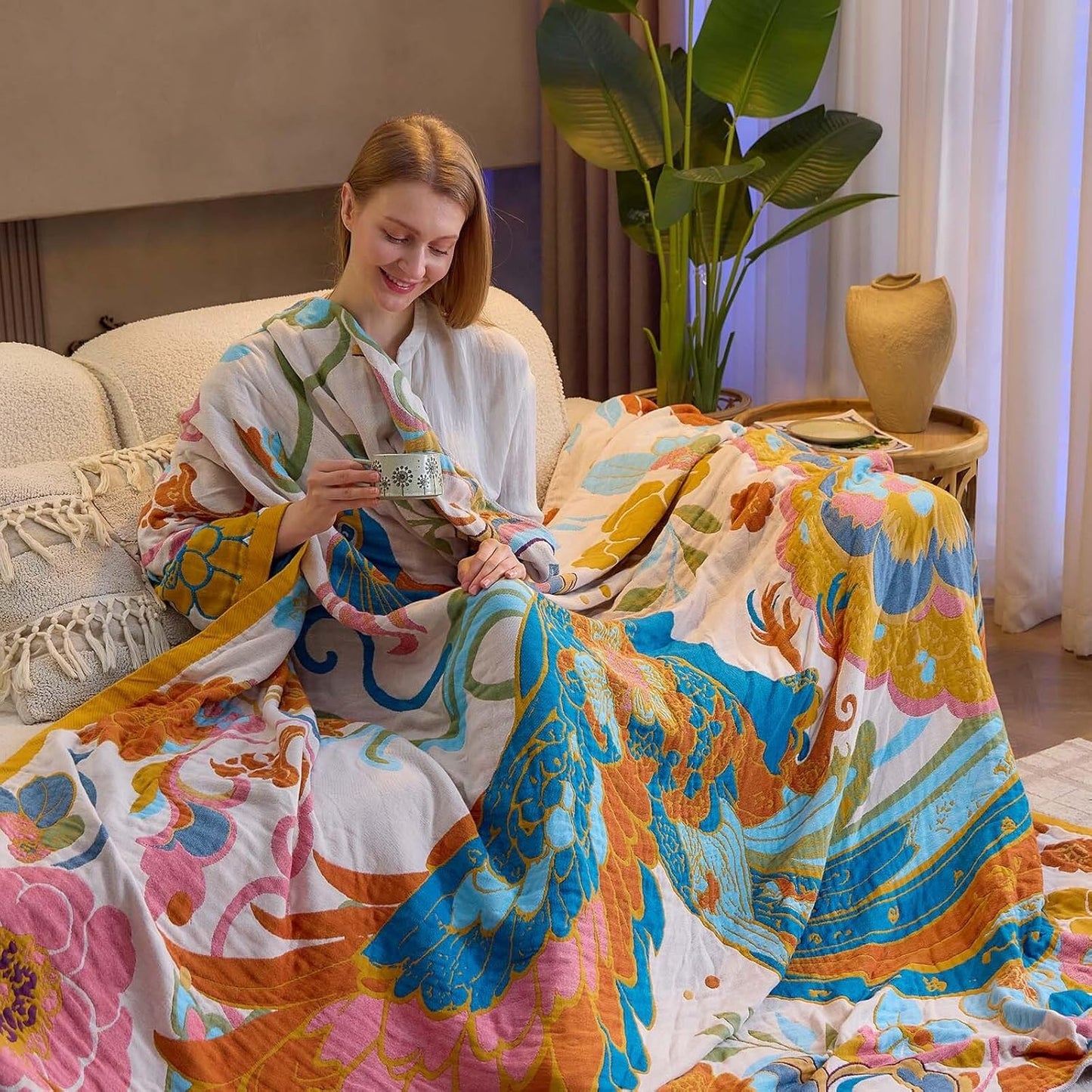 Boho Throw Blanket, Lightweight Blankets for Summer, 100% Cotton Bohemian Decorative Throw Blanket