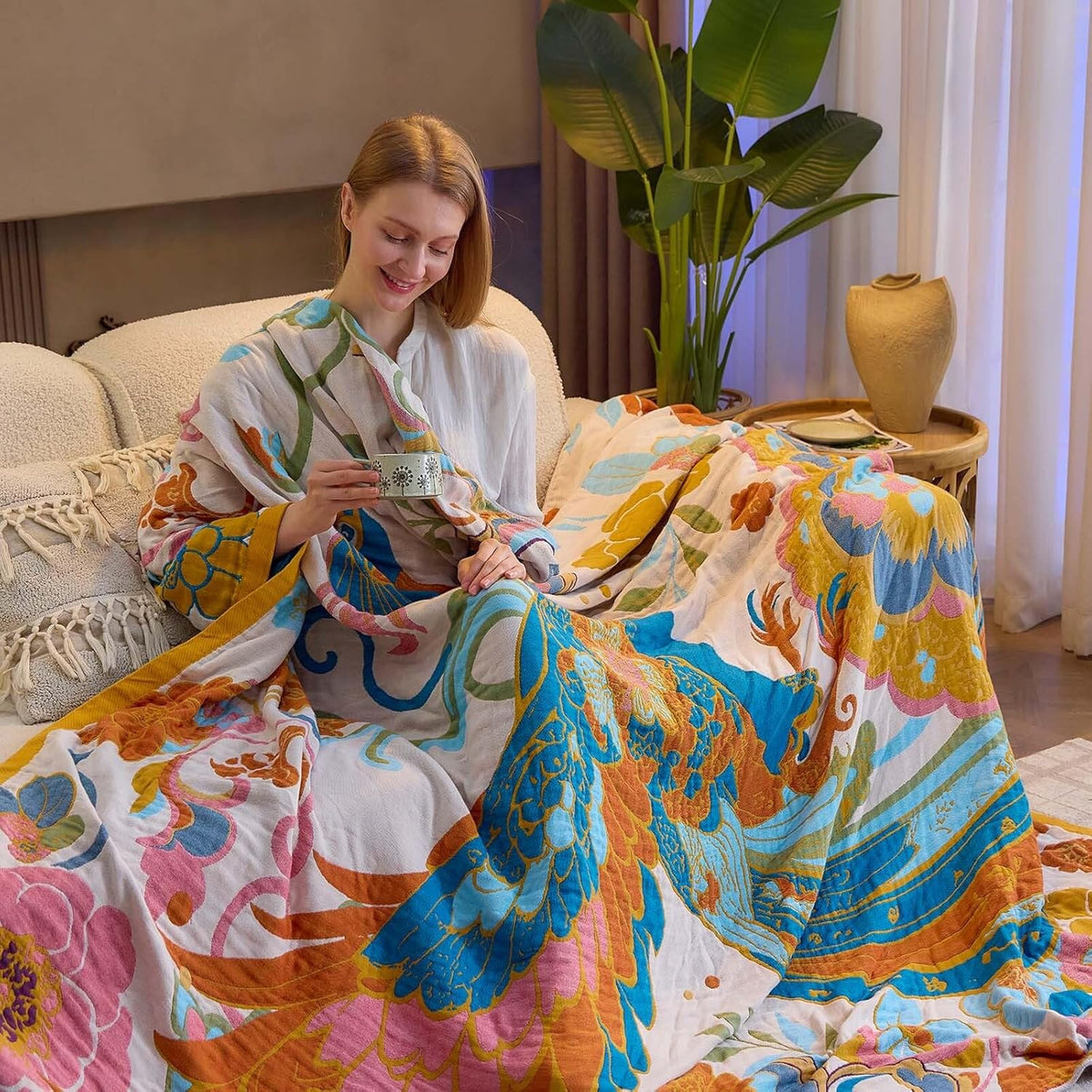 Boho Throw Blanket, Lightweight Blankets for Summer, 100% Cotton Bohemian Decorative Throw Blanket
