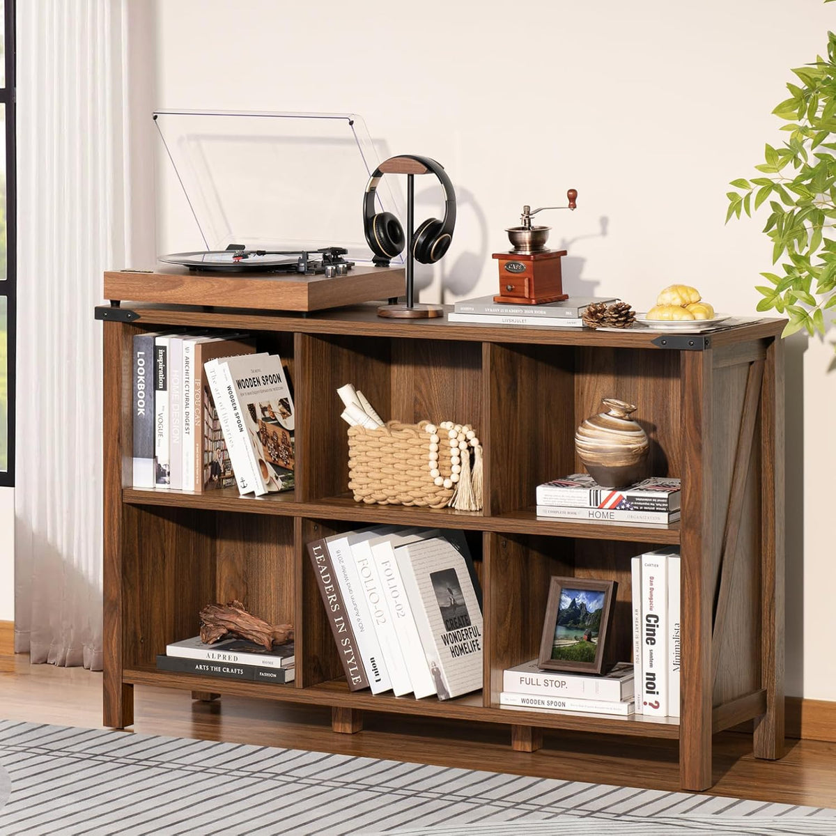 Farmhouse 6 Cube Book Shelf, Wood 3 Tier Storage Organizer Bookshelf, Brown Walnut 47" Horizontal