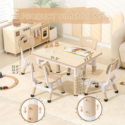 Height-Adjustable Kids Table and Chairs, 31.5''L x 23.6''W Toddler Table and 4 Chairs Set with