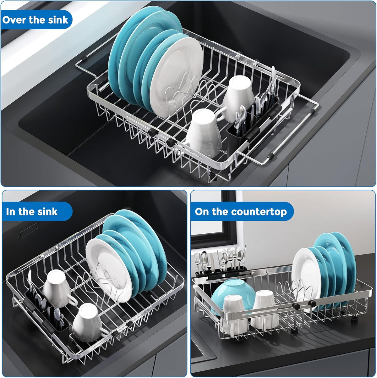 MAJALiS Expandable in Sink Dish Drying Rack - Adjustable Capacity (11.3''-17''L) Stainless Steel