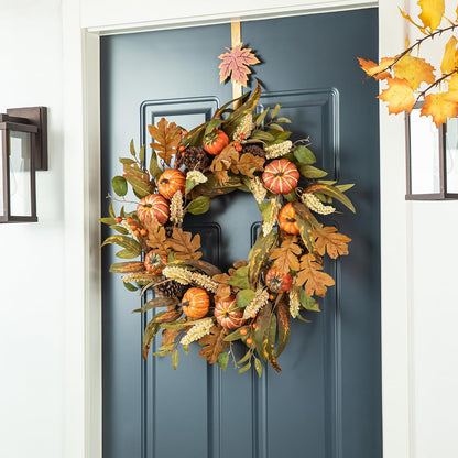 Glitzhome 24''D Fall Pumpkin Leaf Floral Wreath Decor, Artificial Harvest Door Wreath for Autumn or