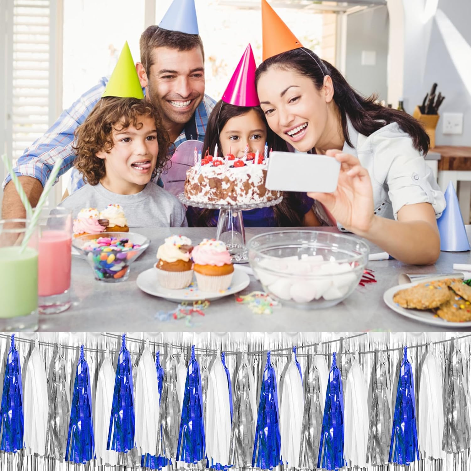 3P Navy-Blue White-Silver Tassel Garland Banner, Tassels Banner Streamers for Parade Floats
