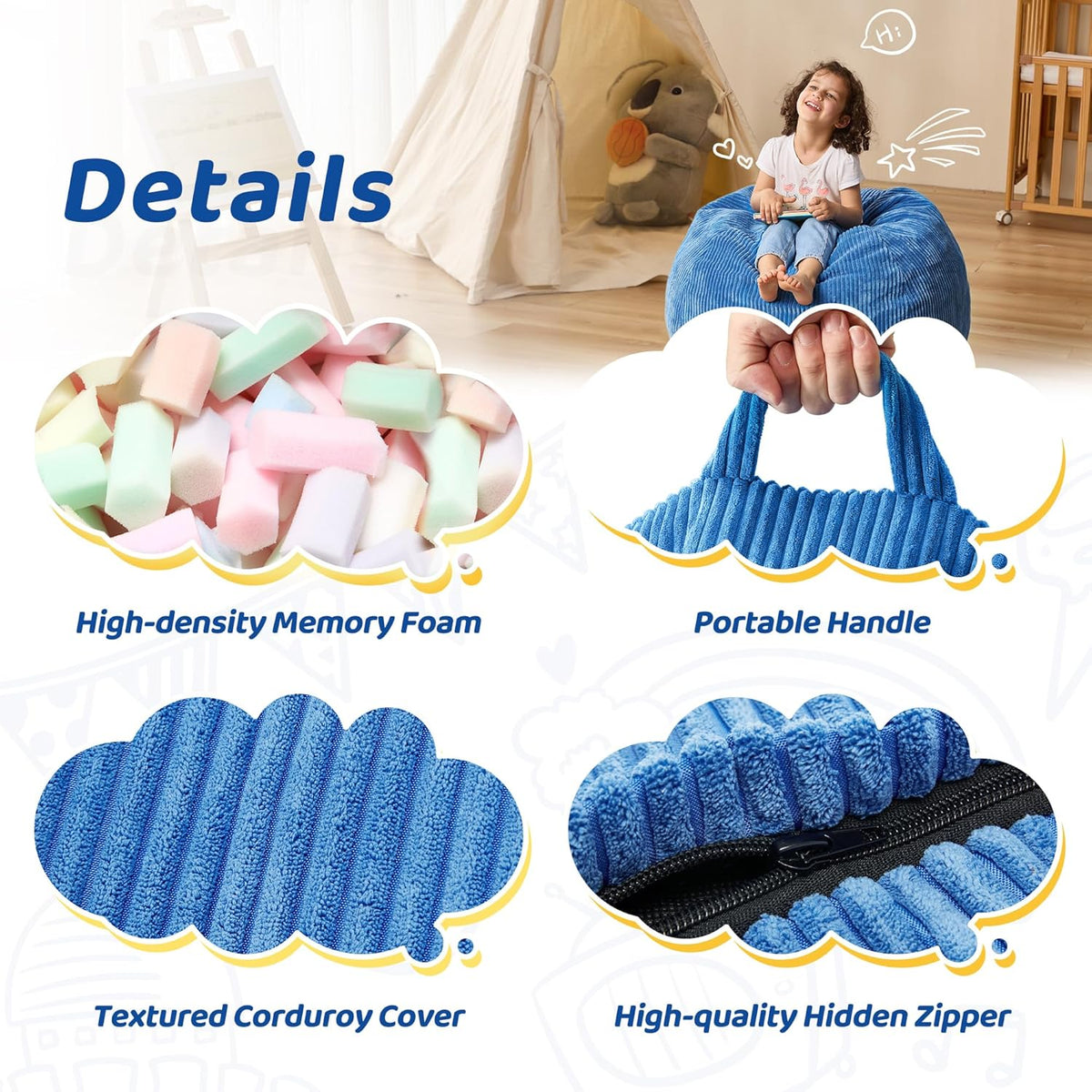 Bean Bag Chairs Teardrop Bean Bag Chair Beanbag Chair with Memory Foam Filled Machine Washable