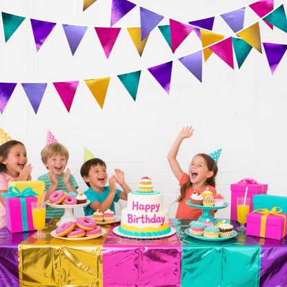 Colorful Party Decorations Hot Pink Teal Purple Metallic Fabric Triangle Pennant Banner Flag