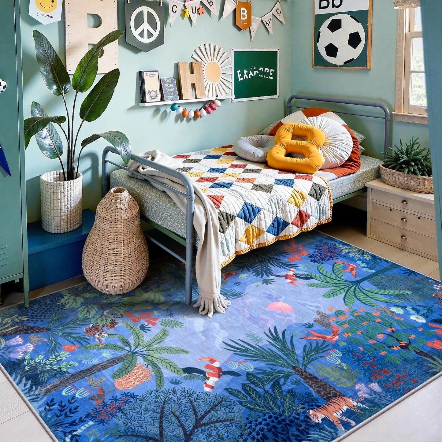 LIVEBOX Washable Jungle Animal Print 5x7 Blue Rug for Living Room, Non-Slip Kids Bedroom Rugs for