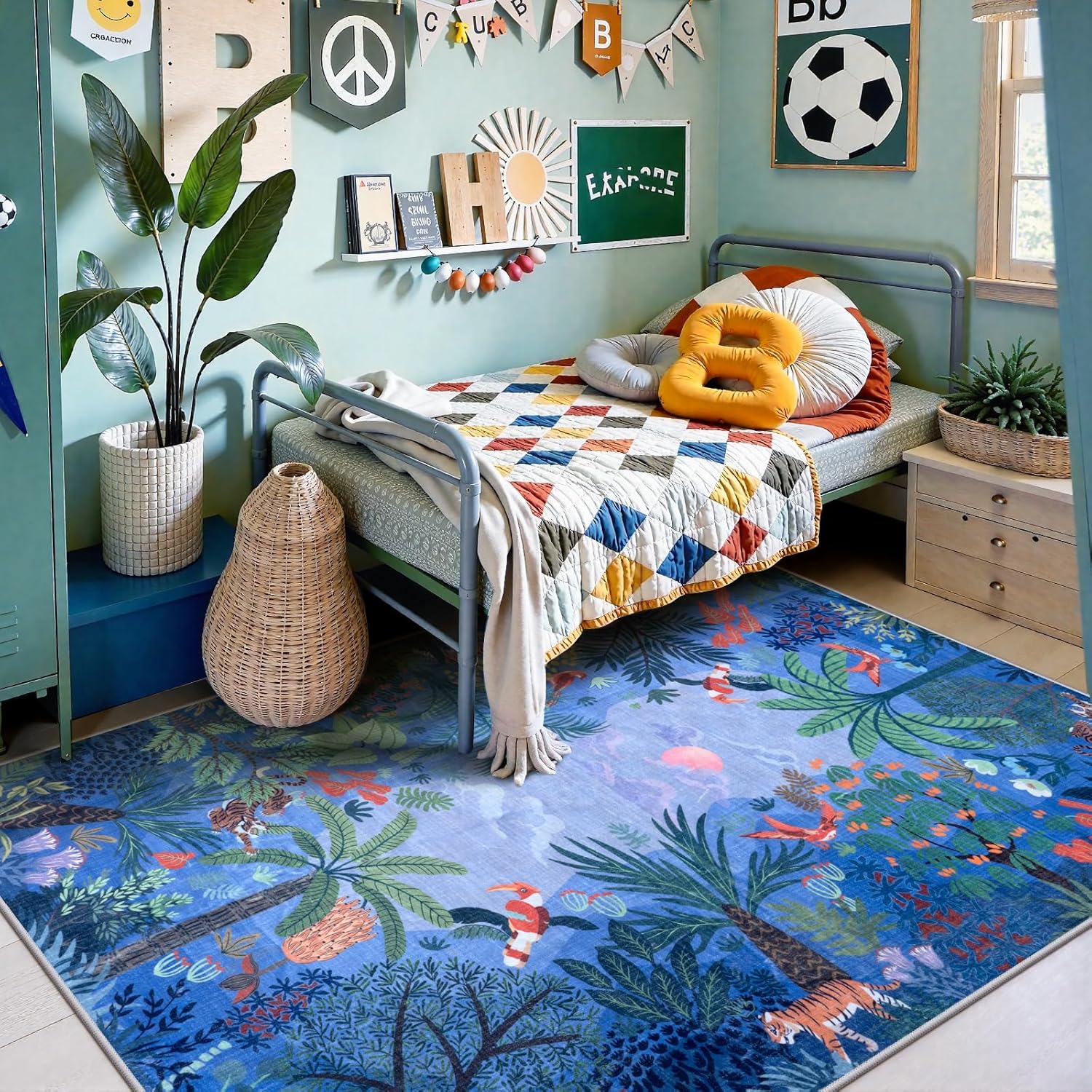 LIVEBOX Washable Jungle Animal Print 5x7 Blue Rug for Living Room, Non-Slip Kids Bedroom Rugs for