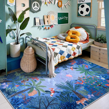 LIVEBOX Washable Jungle Animal Print 5x7 Blue Rug for Living Room, Non-Slip Kids Bedroom Rugs for