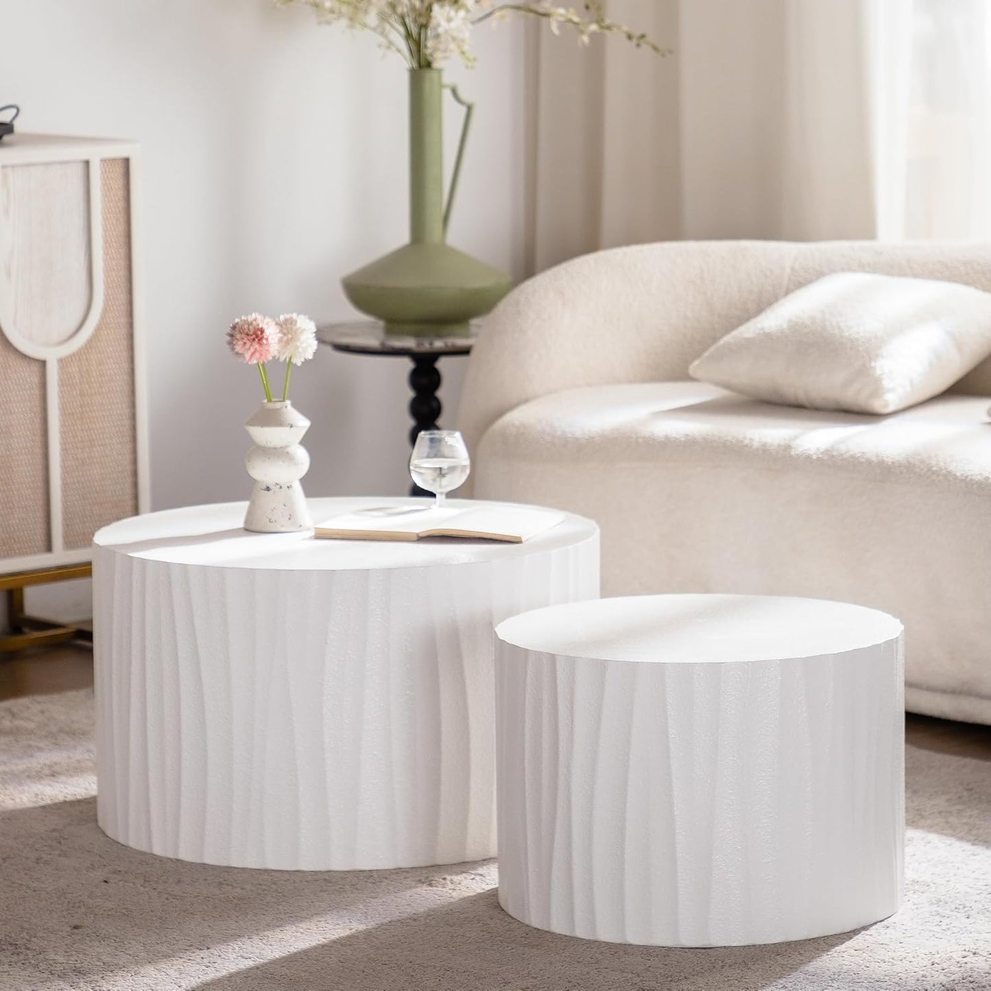 Nesting Round Coffee Table Set of 2, 26.77" (W) Circle Accent End Table with Water Ripple Pattern