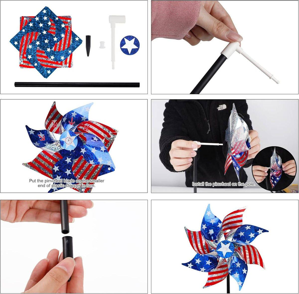 Hausse 10 Pack Reflective Pinwheels Patriotic Decorations, American Flag on Stick Wind Spinner with