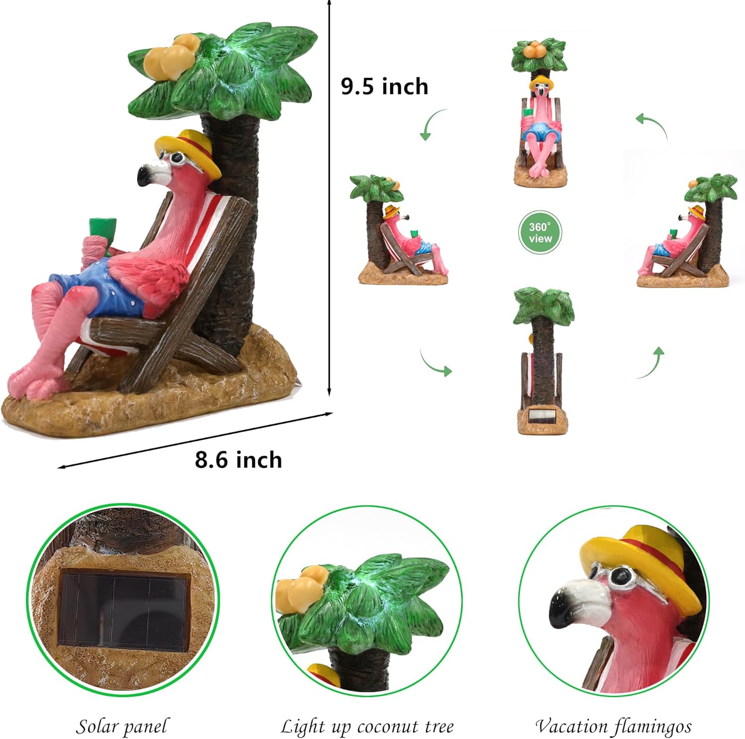 Pink Flamingos for Yard-Solar Garden Statues Gifts - Flamingos on Beach Vacation Light up Coconut
