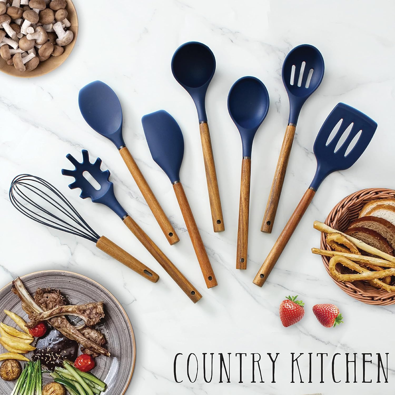 Country Kitchen Non Stick Silicone Utensil Set with Rounded Wood Handles for Cooking and Baking, 8
