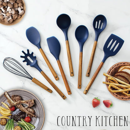 Country Kitchen Non Stick Silicone Utensil Set with Rounded Wood Handles for Cooking and Baking, 8