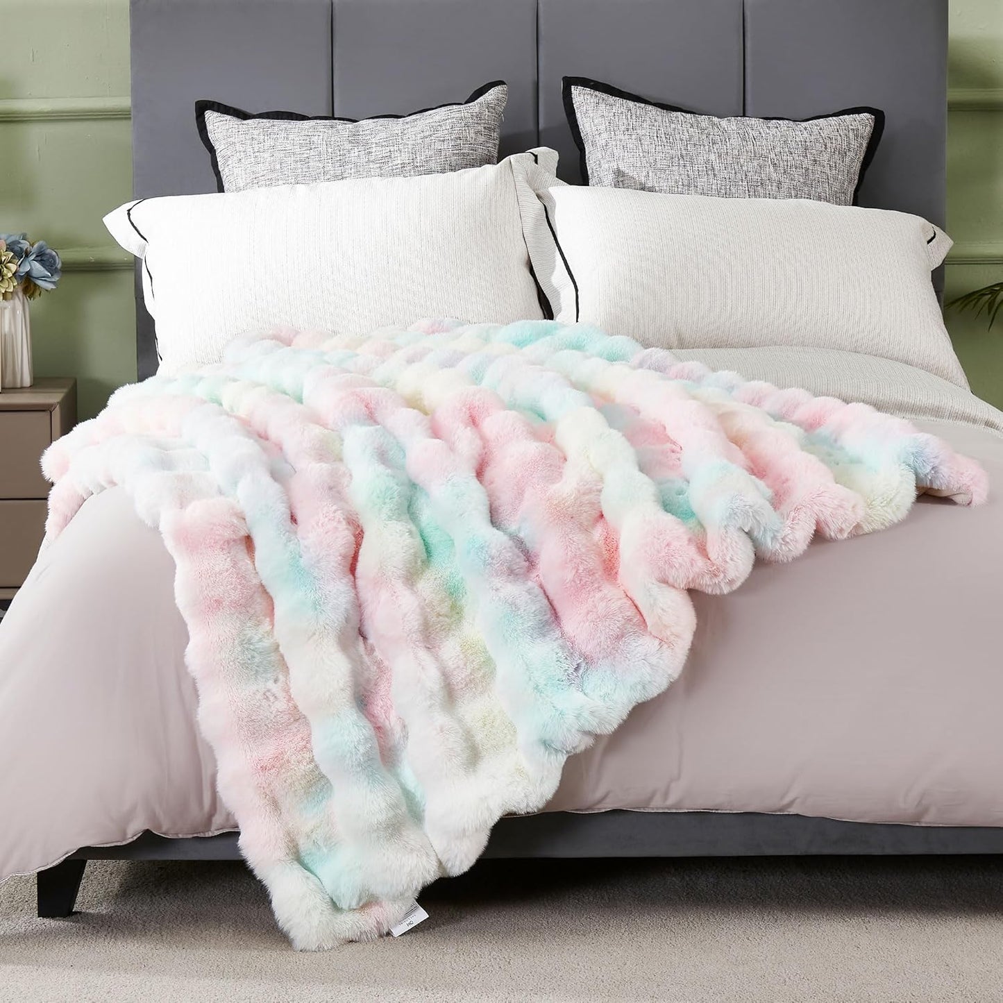 DREAMNINE Large Colorful Soft Fluffy Bubble Faux Rabbit Fur Blanket Queen Size 80" x 90", Luxury