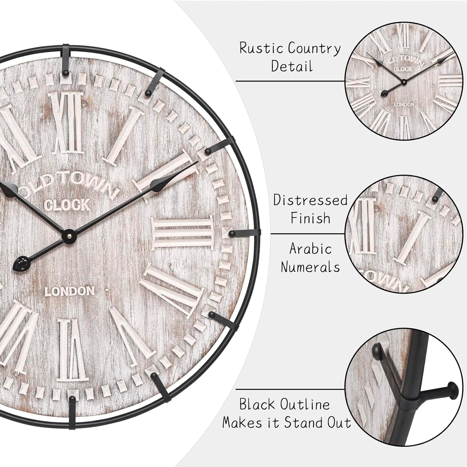24 Inch Large Farmhouse Wall Clock, Rustic Antique Wood with Metal Circle and Large Engraved
