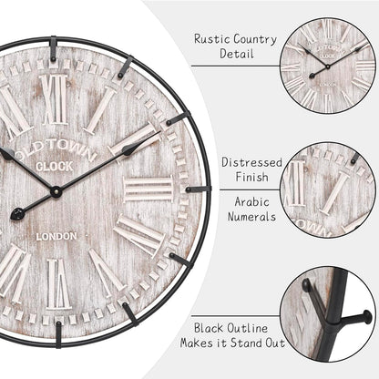 24 Inch Large Farmhouse Wall Clock, Rustic Antique Wood with Metal Circle and Large Engraved