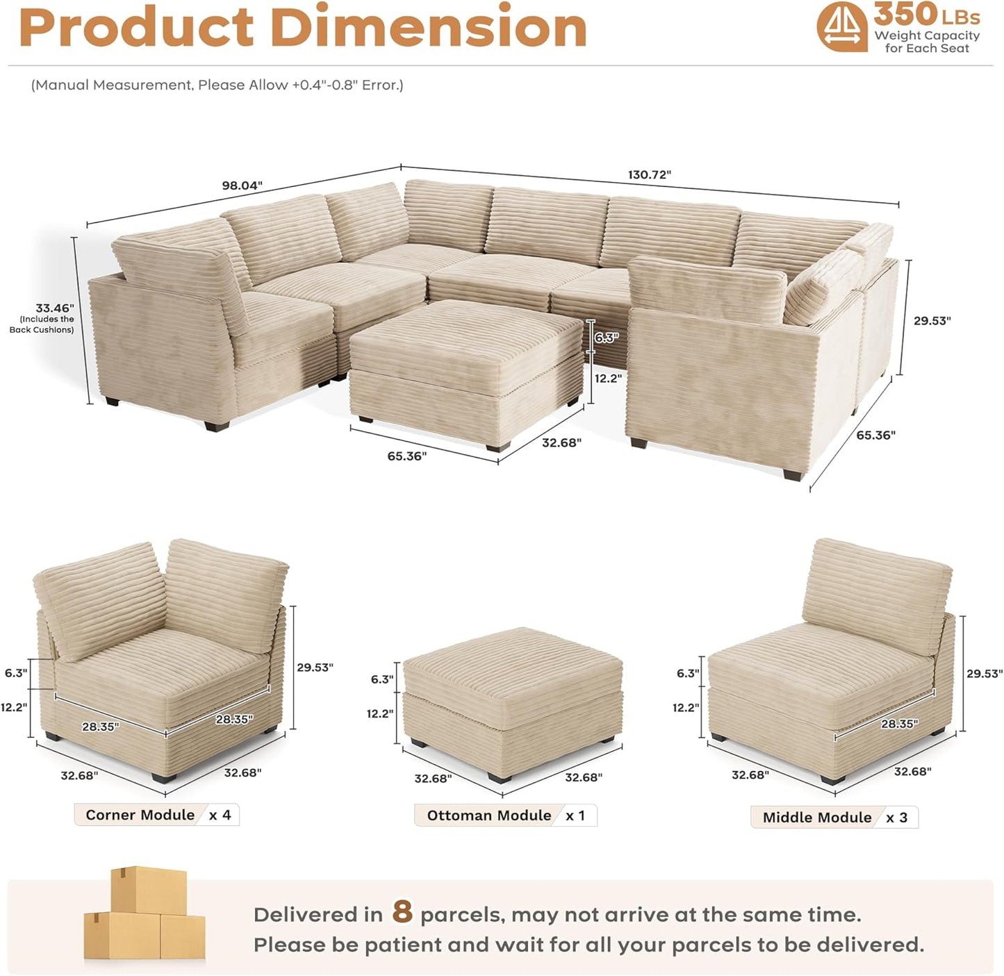 ovios Sectional Sofa Couch with U-Shape Chaise Sofa Bed, Comfy Modular Cloud Couches with Deep