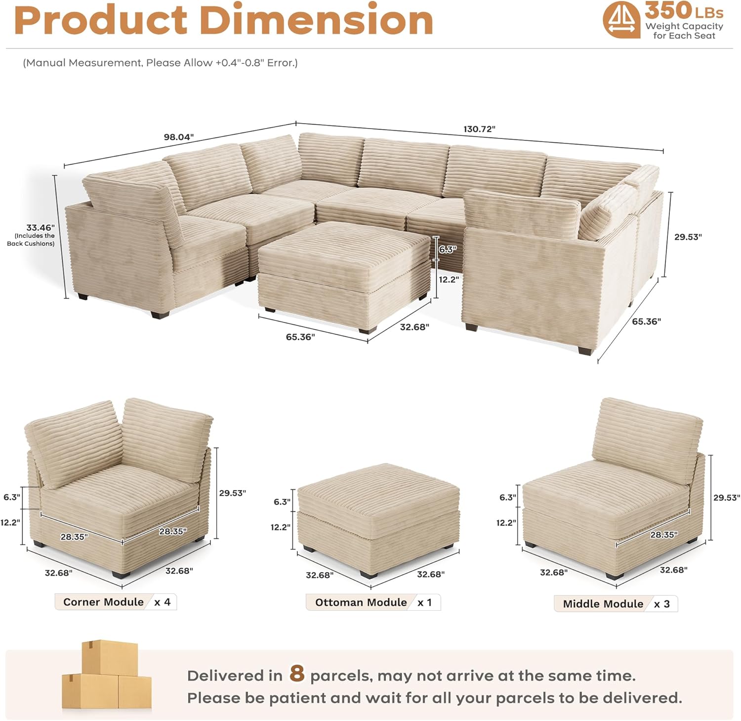 ovios Sectional Sofa Couch with U-Shape Chaise Sofa Bed, Comfy Modular Cloud Couches with Deep