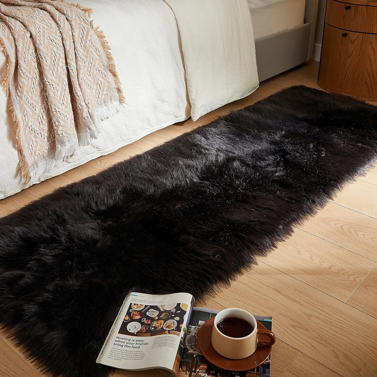 AMTOVO Faux Fur Rug, Black Ultra Soft Fluffy Shag Sheepskin Rug, 2 x 6 ft Runner Area Rugs for