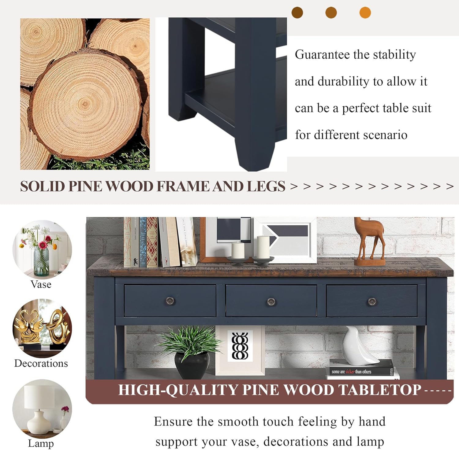 Solid Wood Console Table Sofa Table with Storage Drawers and Bottom Shelf Entryway Table for Entry