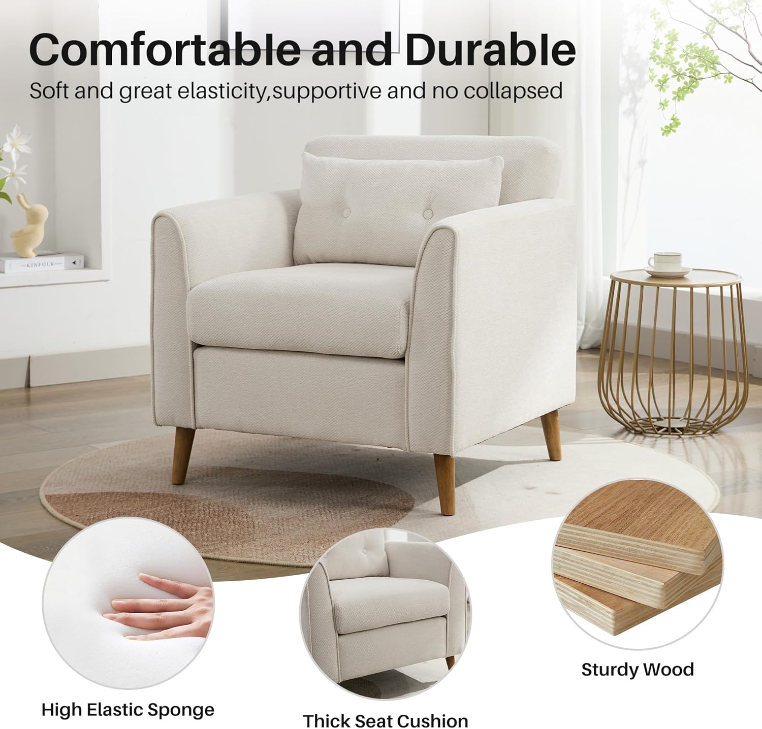 Modern Accent Chair with Wooden Legs Plush Fabric Armchair Chenille Side Single Sofa Chair for