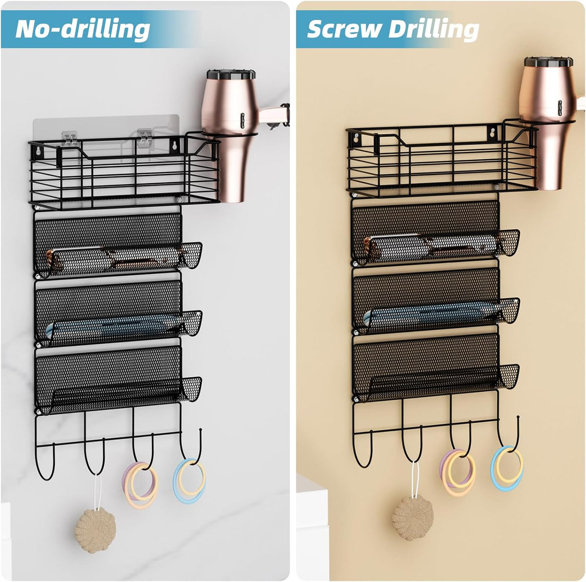 VITVITI Metal Hair Tool Organizer Wall Mount, Hair Dryer Holder with 4 Tier Shelf Basket Hooks